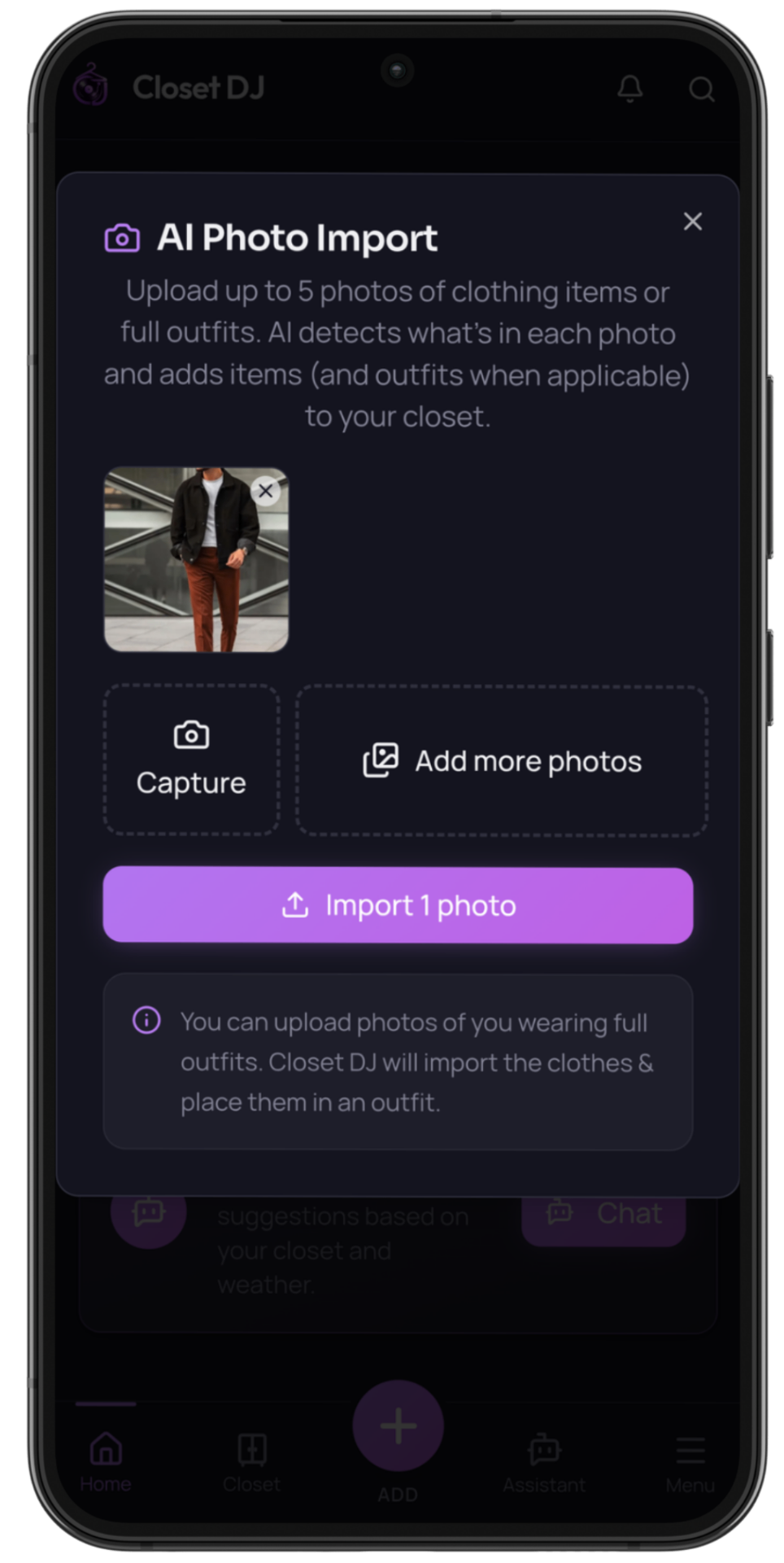 AI Outfit Import modal detecting clothing items from a full-body outfit photo