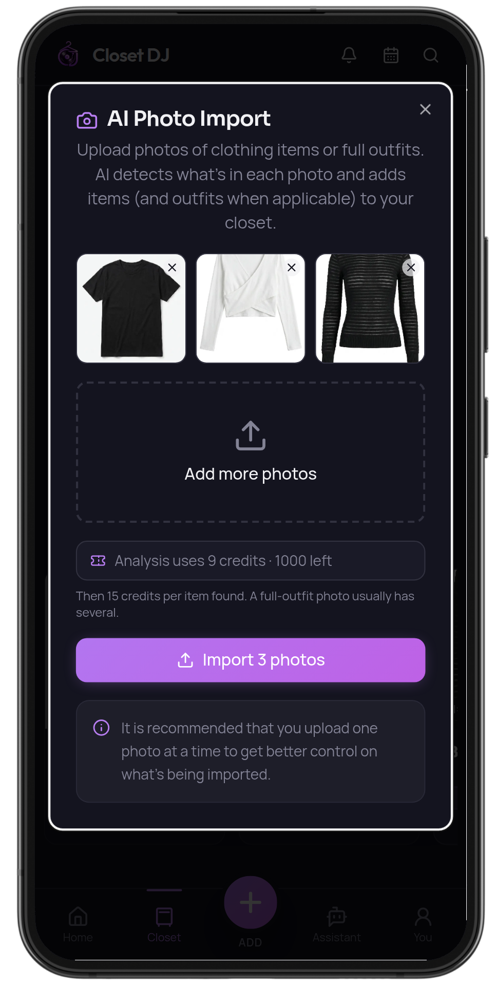 AI Photo Import with three clothing photos ready to import