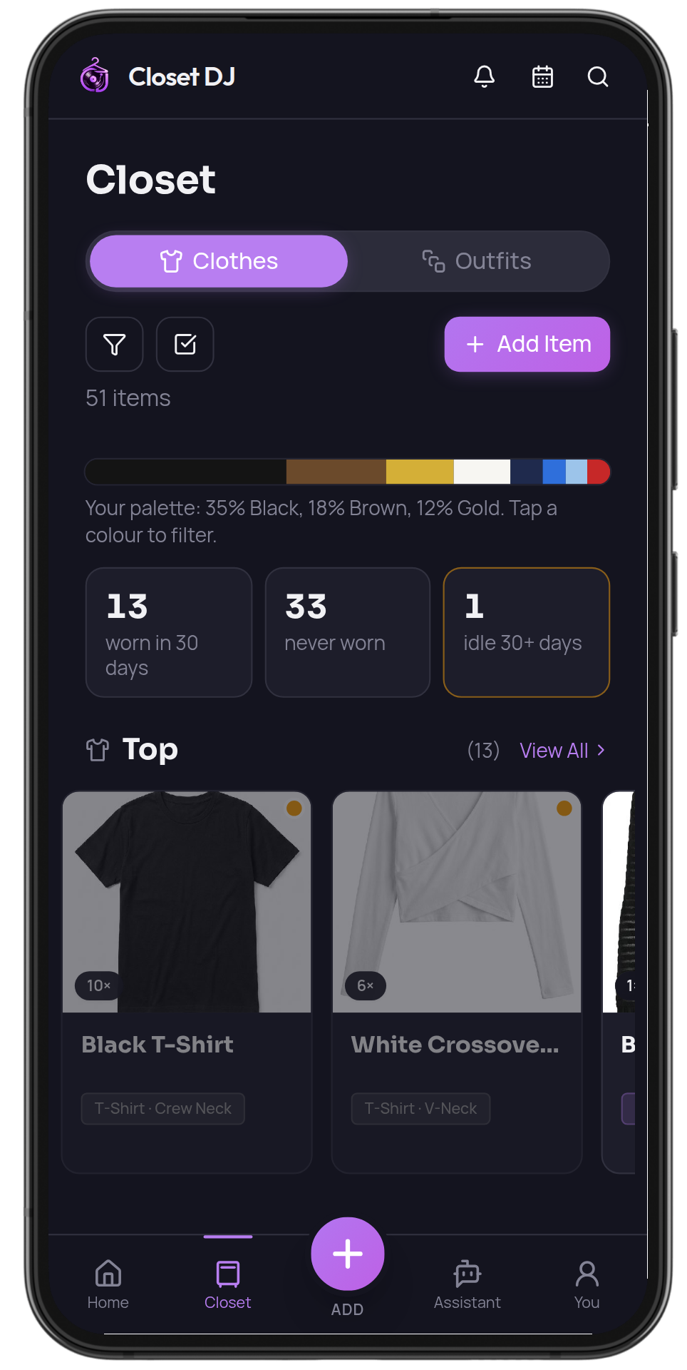 Closet view with your colour palette, wear stats and clothes grouped by type