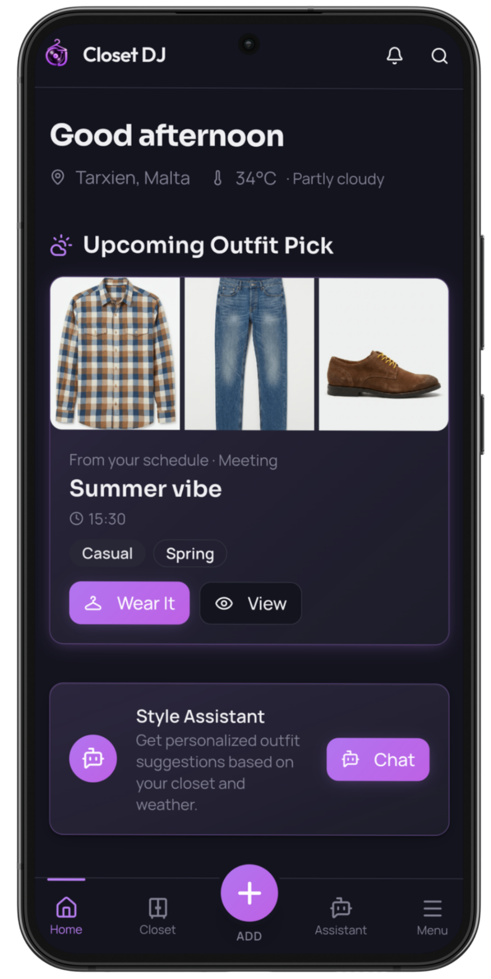 Closet DJ mobile app home screen showing AI-generated outfit suggestions from a personal wardrobe