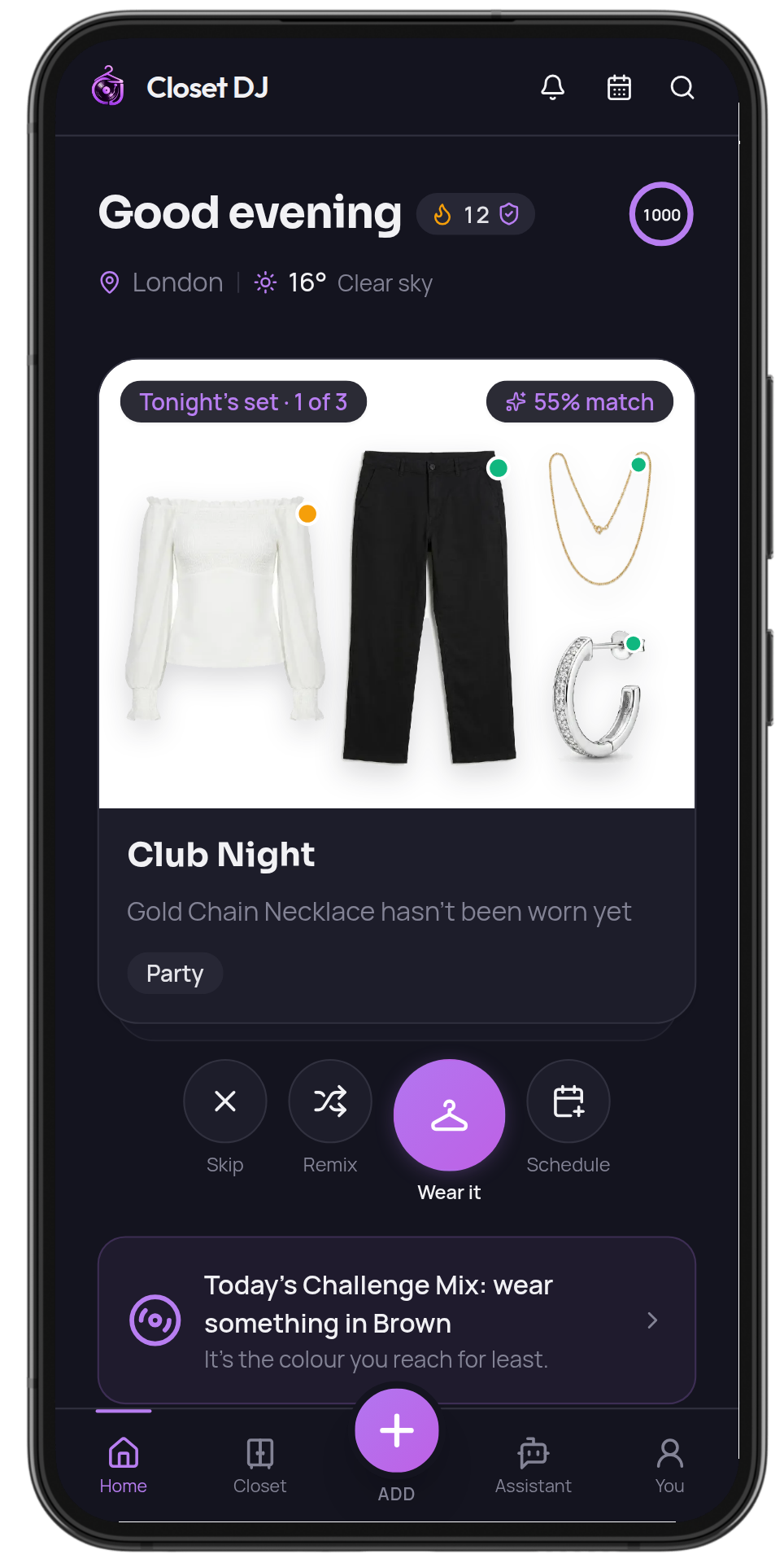 Closet DJ mobile app home screen showing AI-generated outfit suggestions from a personal wardrobe