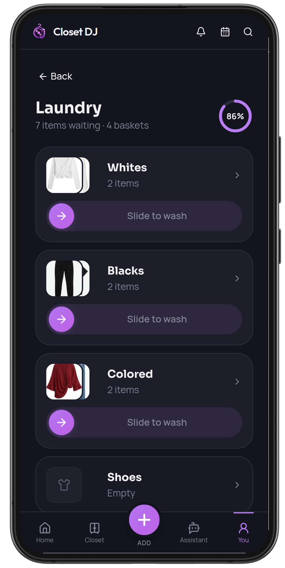Laundry baskets sorted by colour and care type