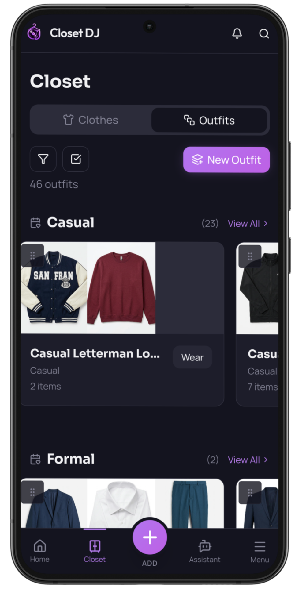 Closet DJ generating outfit combinations from a real wardrobe