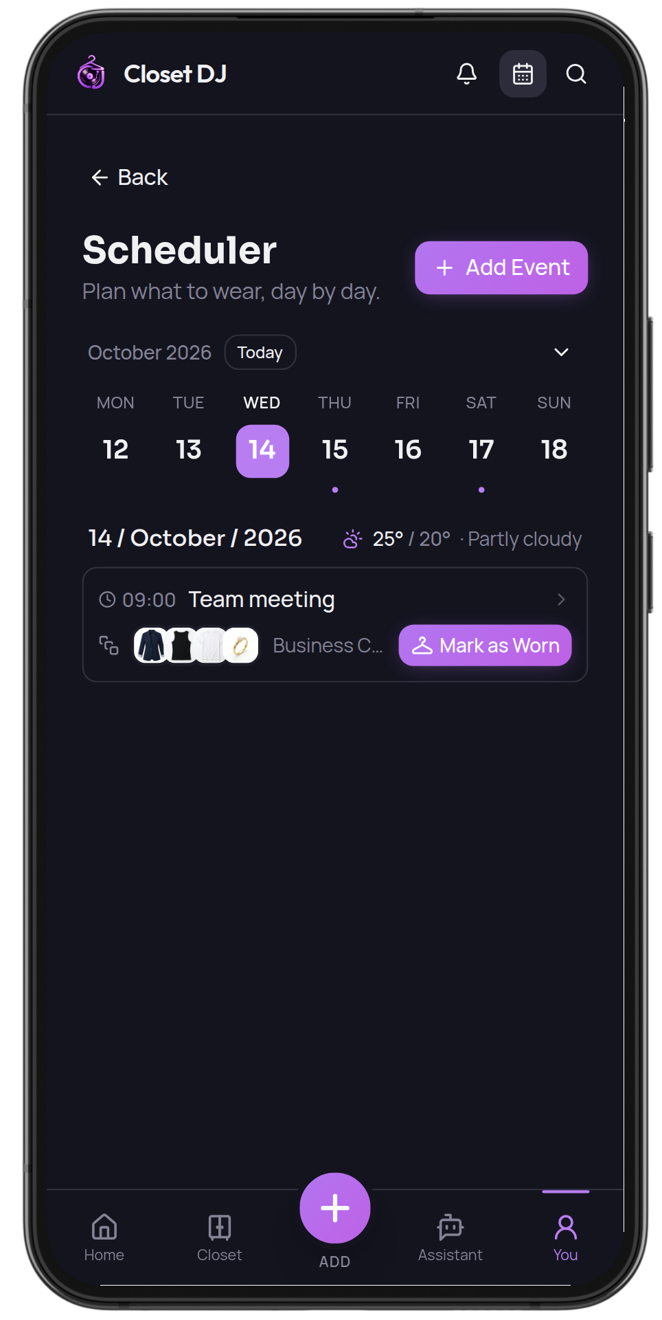 Closet DJ Scheduler showing a week view with a planned outfit and Mark as Worn action
