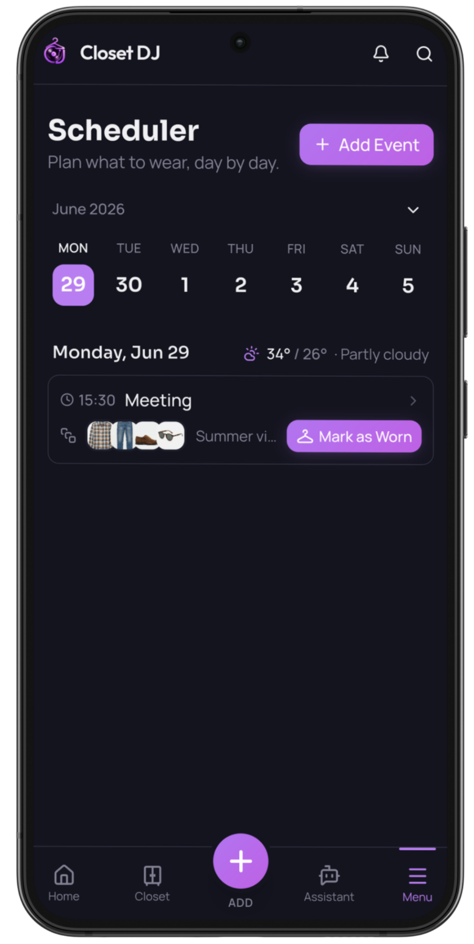 Closet DJ Scheduler showing a week view with a planned outfit and Mark as Worn action