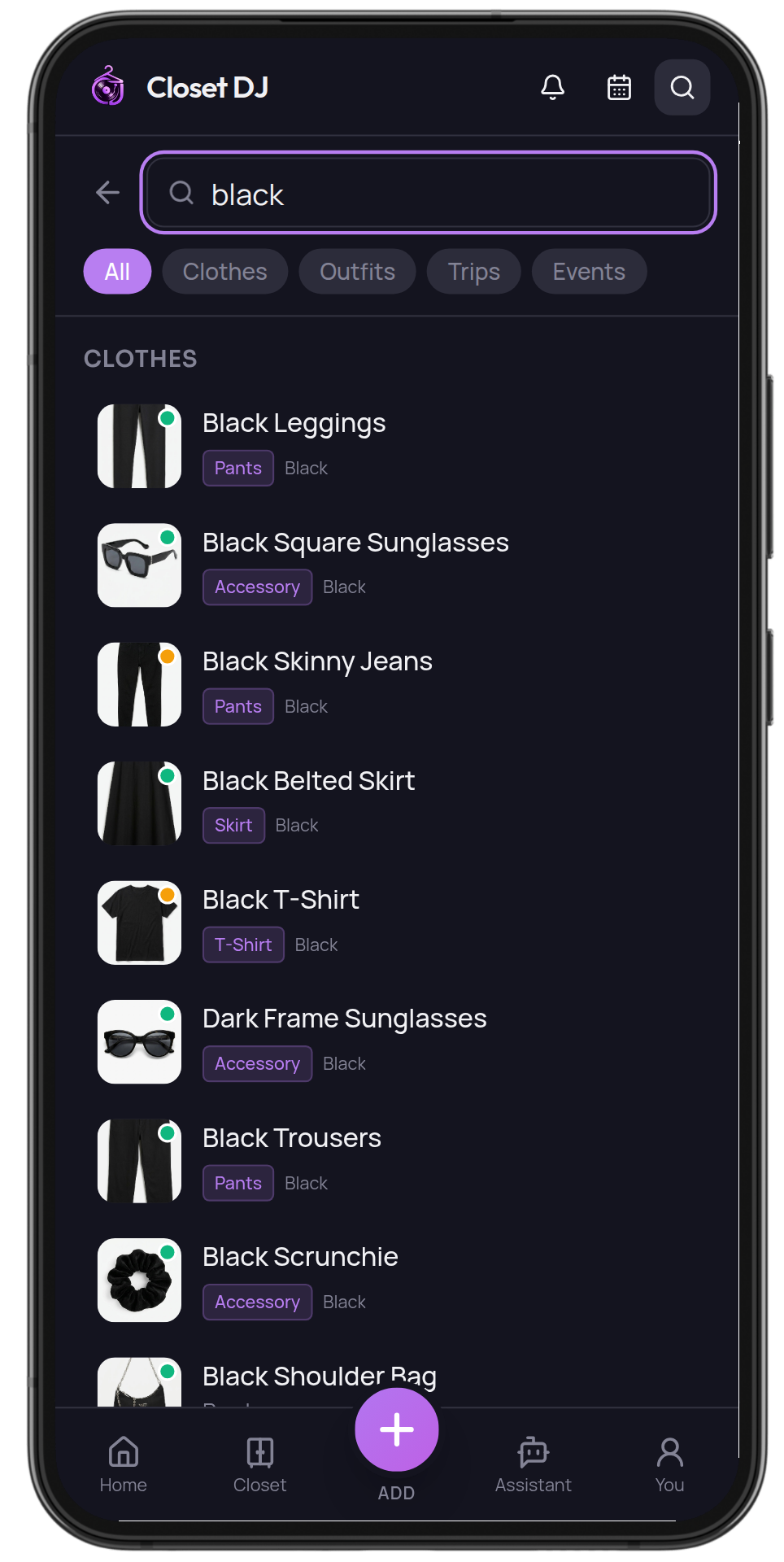 Global search across closet items and outfits with category filters