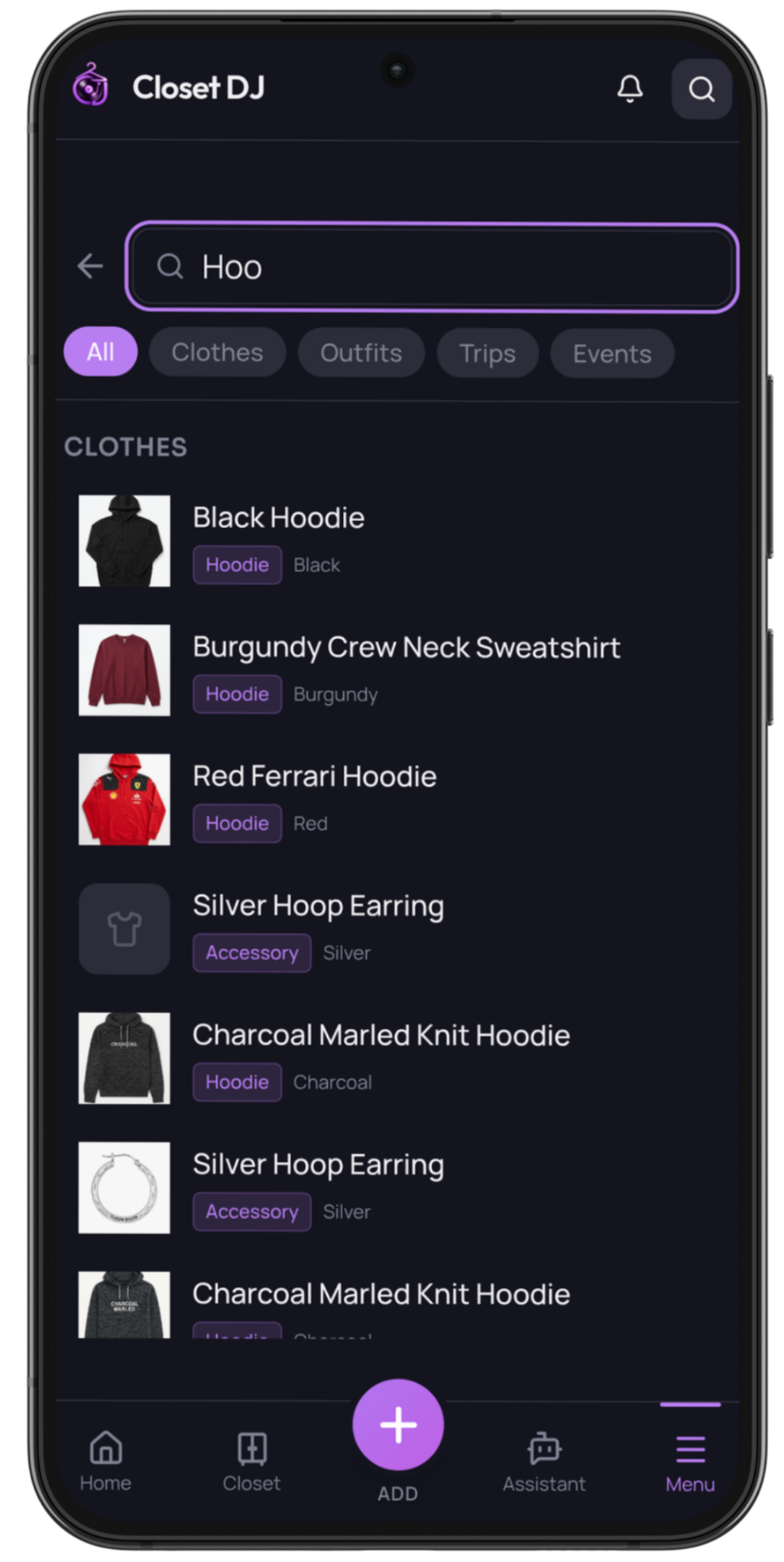Global search across closet items and outfits with category filters