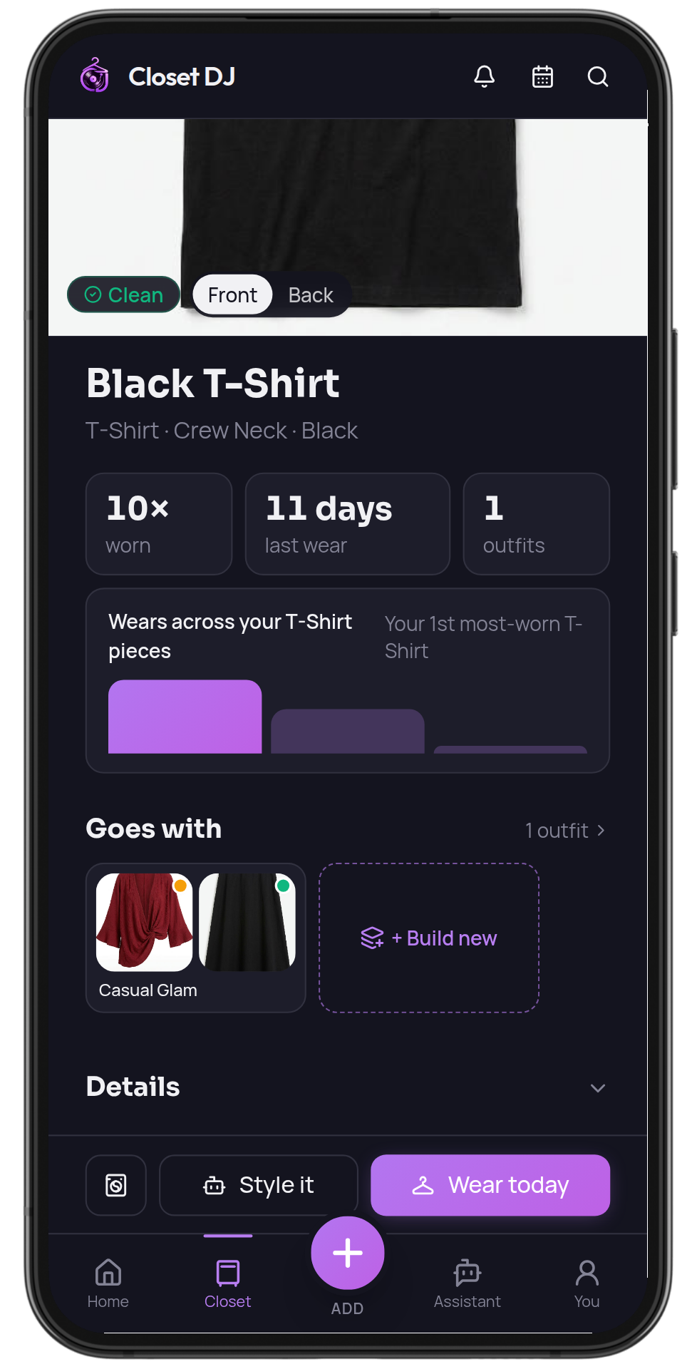Item page showing how often a piece is worn and when it was last worn