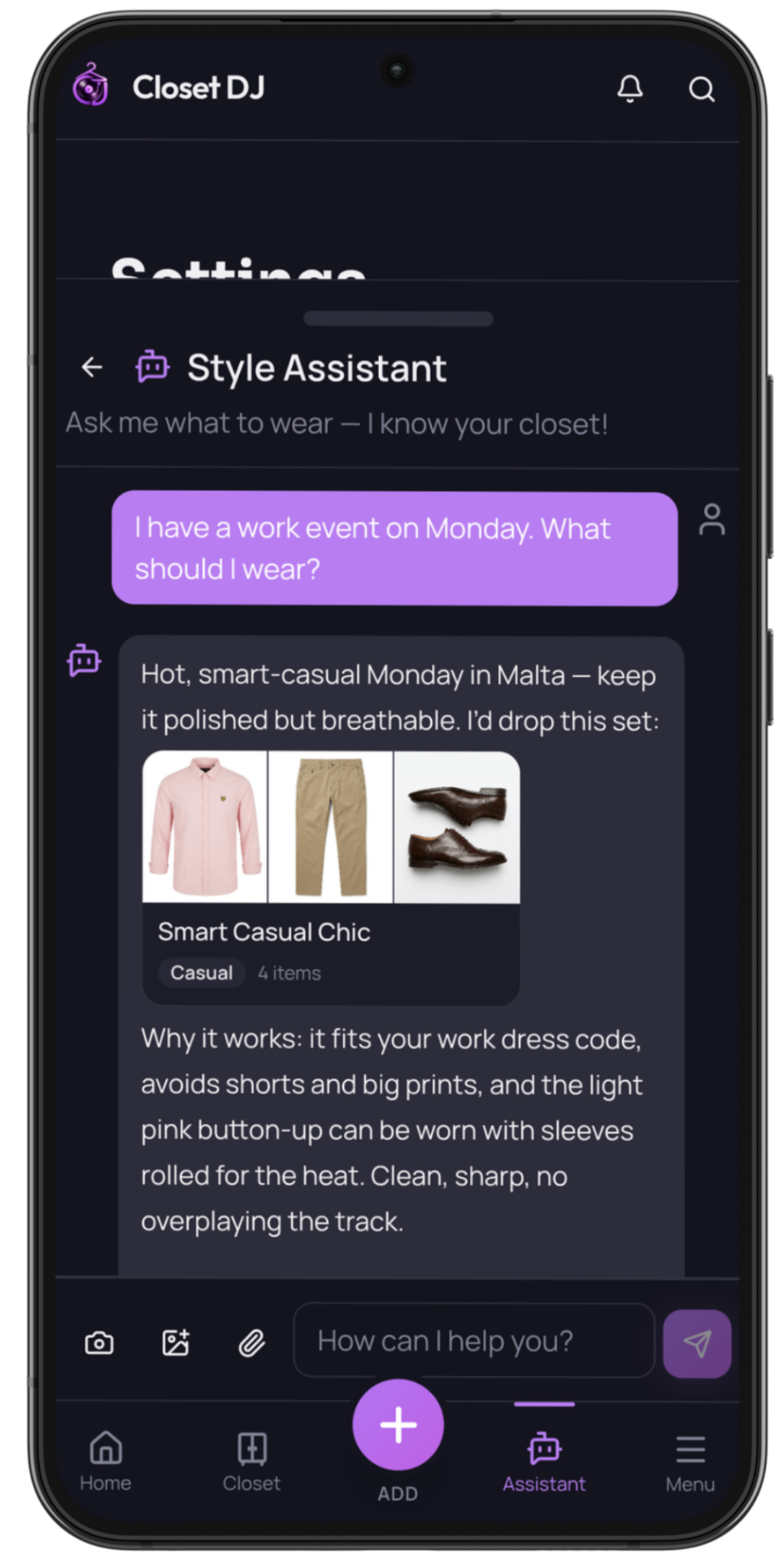 Closet DJ Style Assistant chat screen recommending outfits from the user's wardrobe for a date night