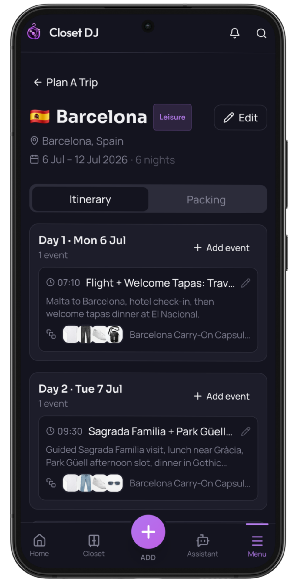 Trip planner showing day-by-day outfits