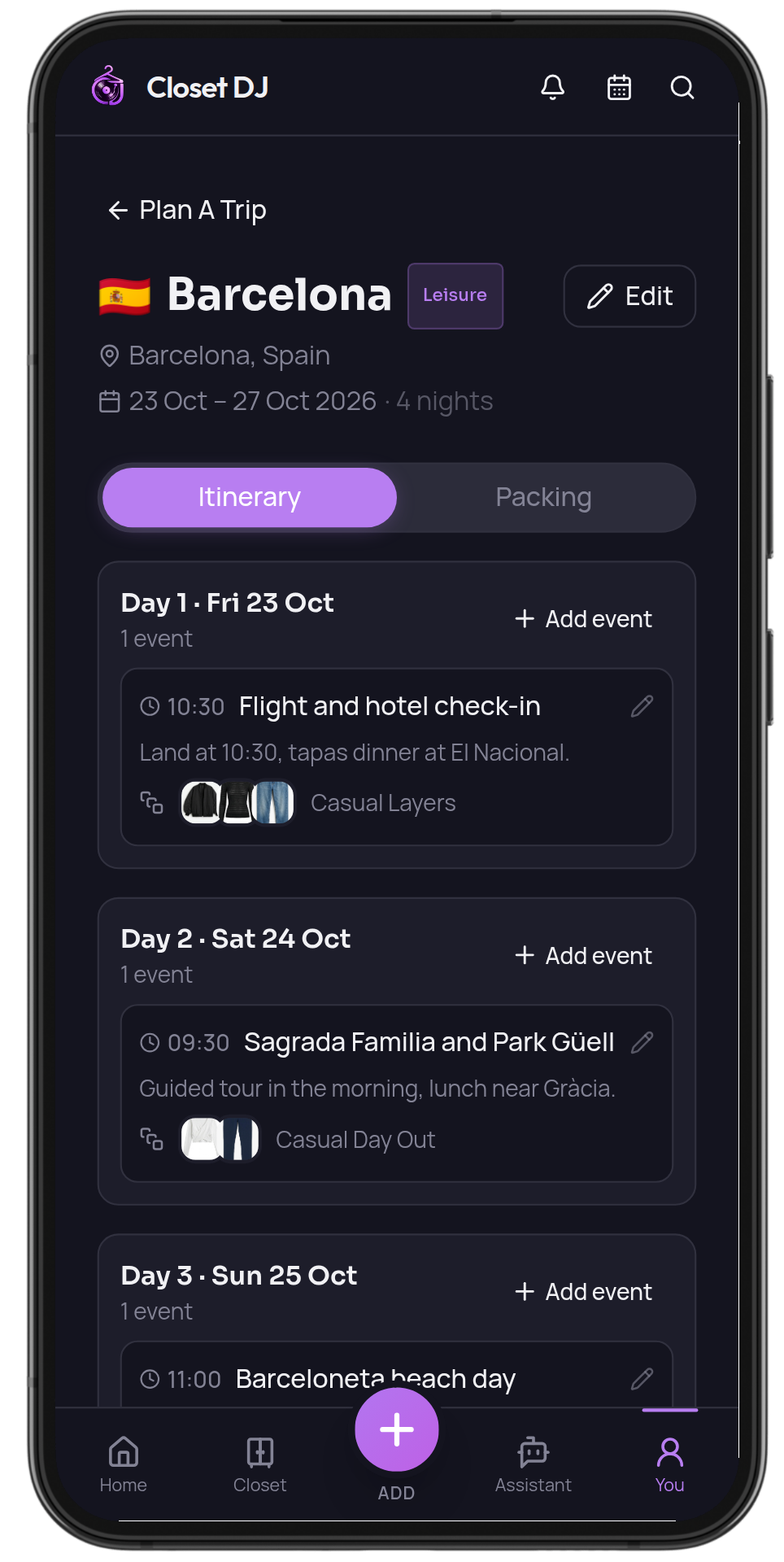 Trip planner showing day-by-day outfits