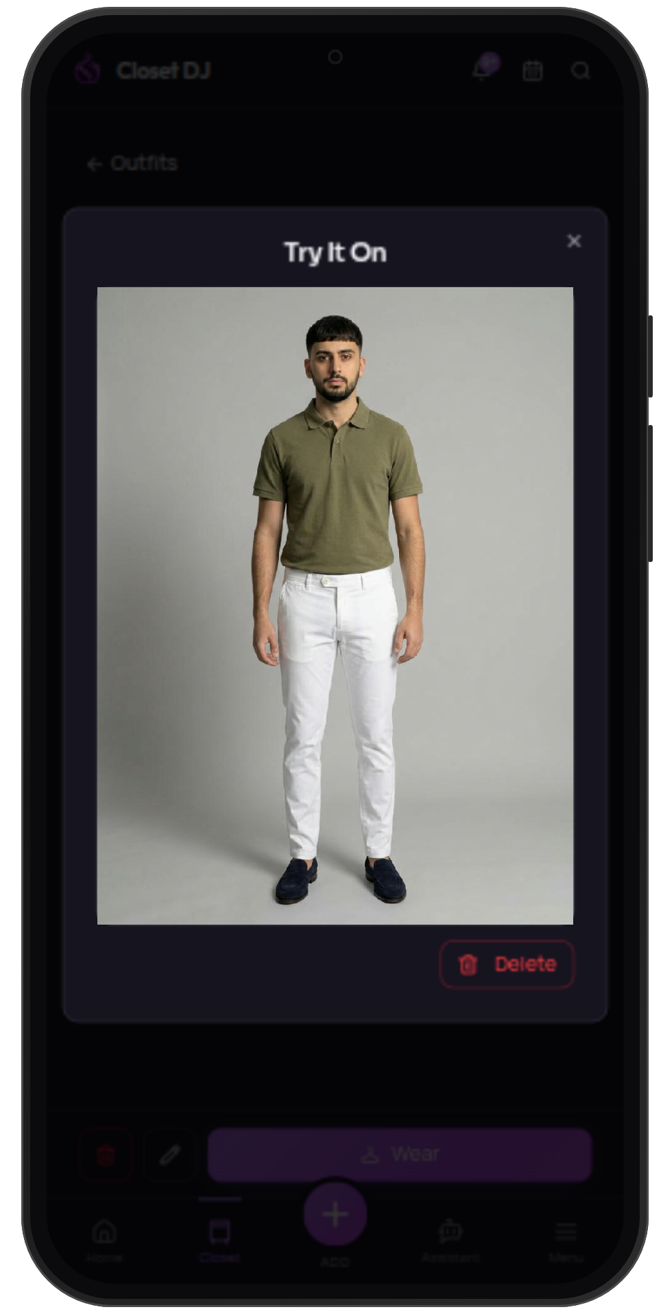 Try It On in Closet DJ, showing a generated image of you wearing an outfit from your closet