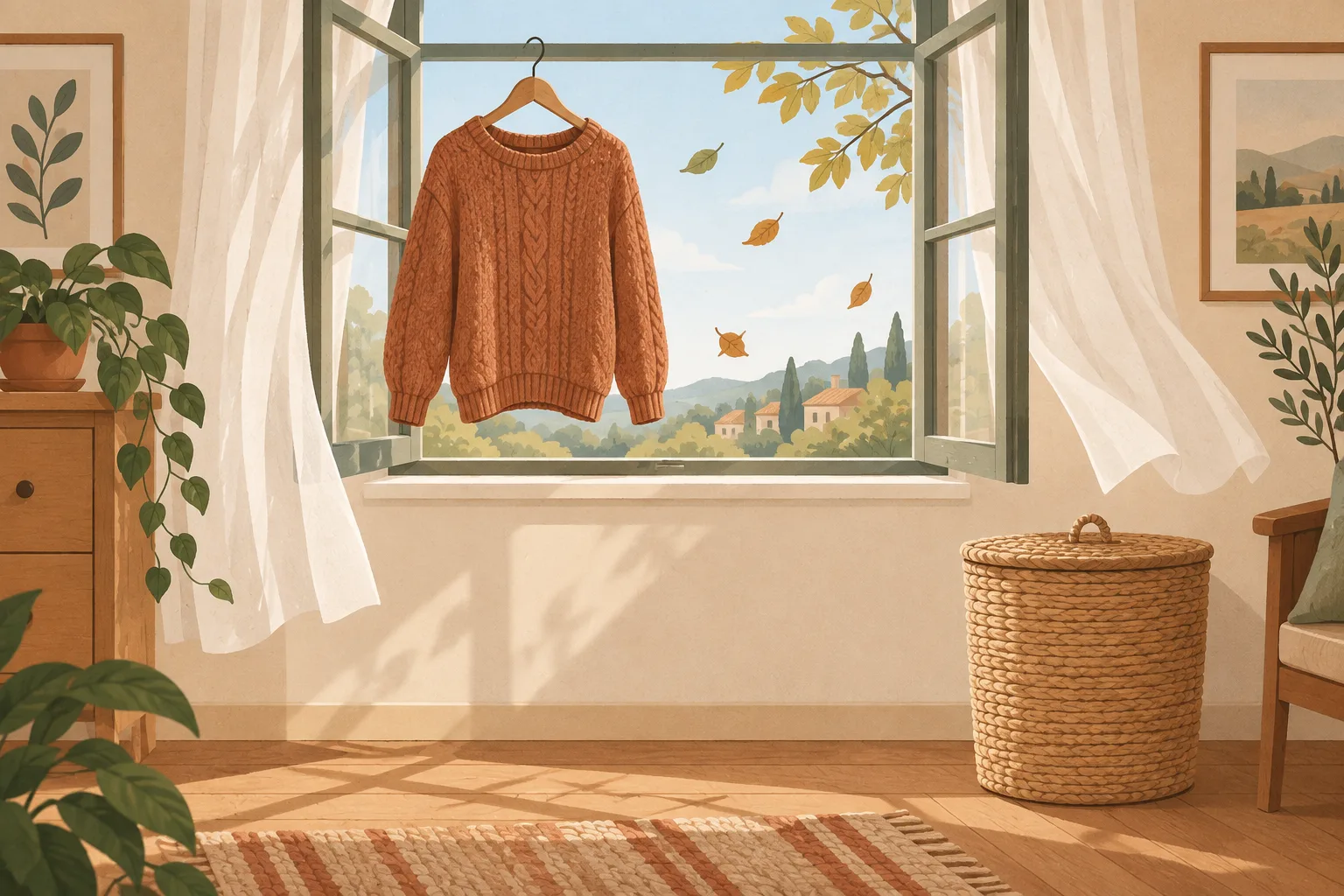 A knitted wool jumper hanging on a wooden hanger at an open window with curtains lifting in the breeze, a closed laundry basket on the floor nearby
