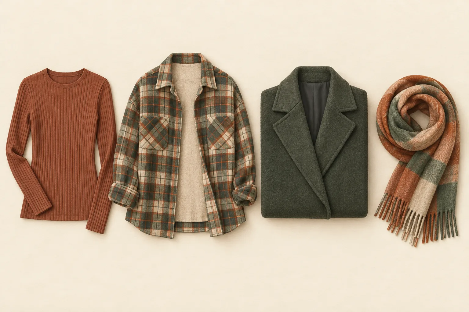 A flat lay of an autumn outfit laid out in layering order on a warm cream surface: a thin ribbed long sleeve top, an open checked overshirt, a folded wool coat and a coiled scarf
