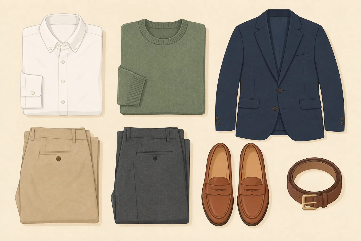 A neat flat lay of business casual pieces on a warm cream surface: an oxford shirt, a fine knit jumper, a navy blazer, chinos, dark trousers, leather loafers and a belt