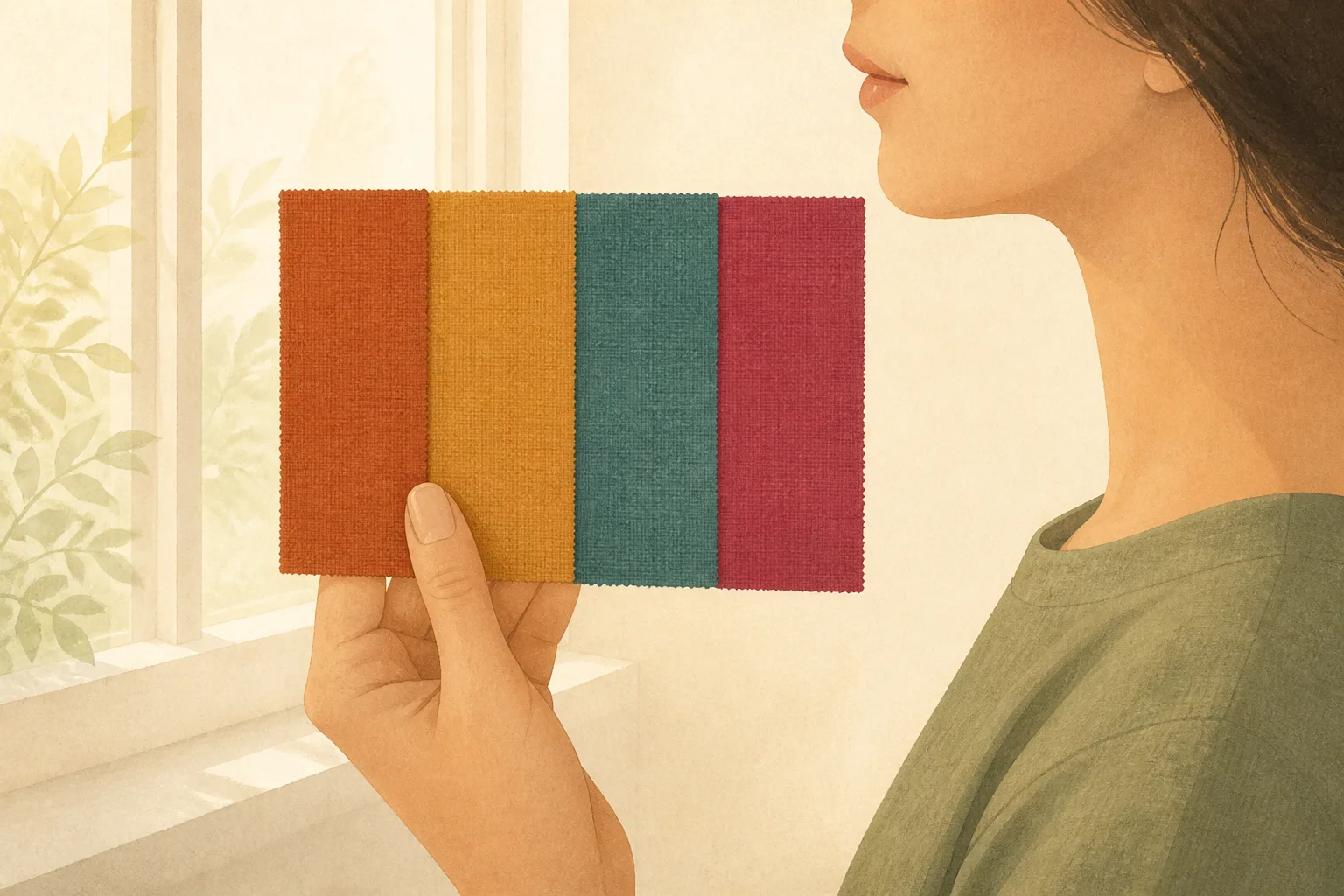 Four fabric swatches held up beside a face at a bright window, two in warm rust and mustard tones and two in cool teal and raspberry tones, arranged as a comparison
