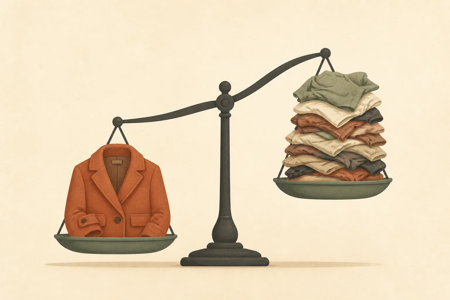A balance scale holding one well-made wool coat on one side and a tall heap of cheap flimsy t-shirts on the other, with the coat side sitting heavier and lower