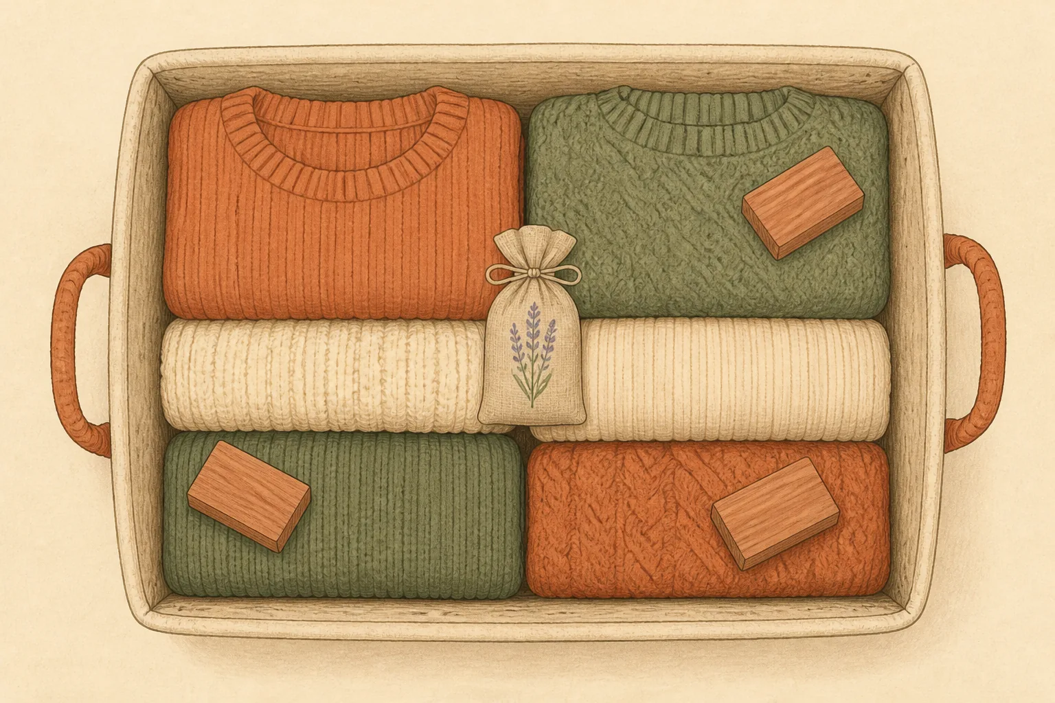 Folded knitwear packed neatly in a breathable storage box with cedar blocks and a lavender sachet tucked between the folds
