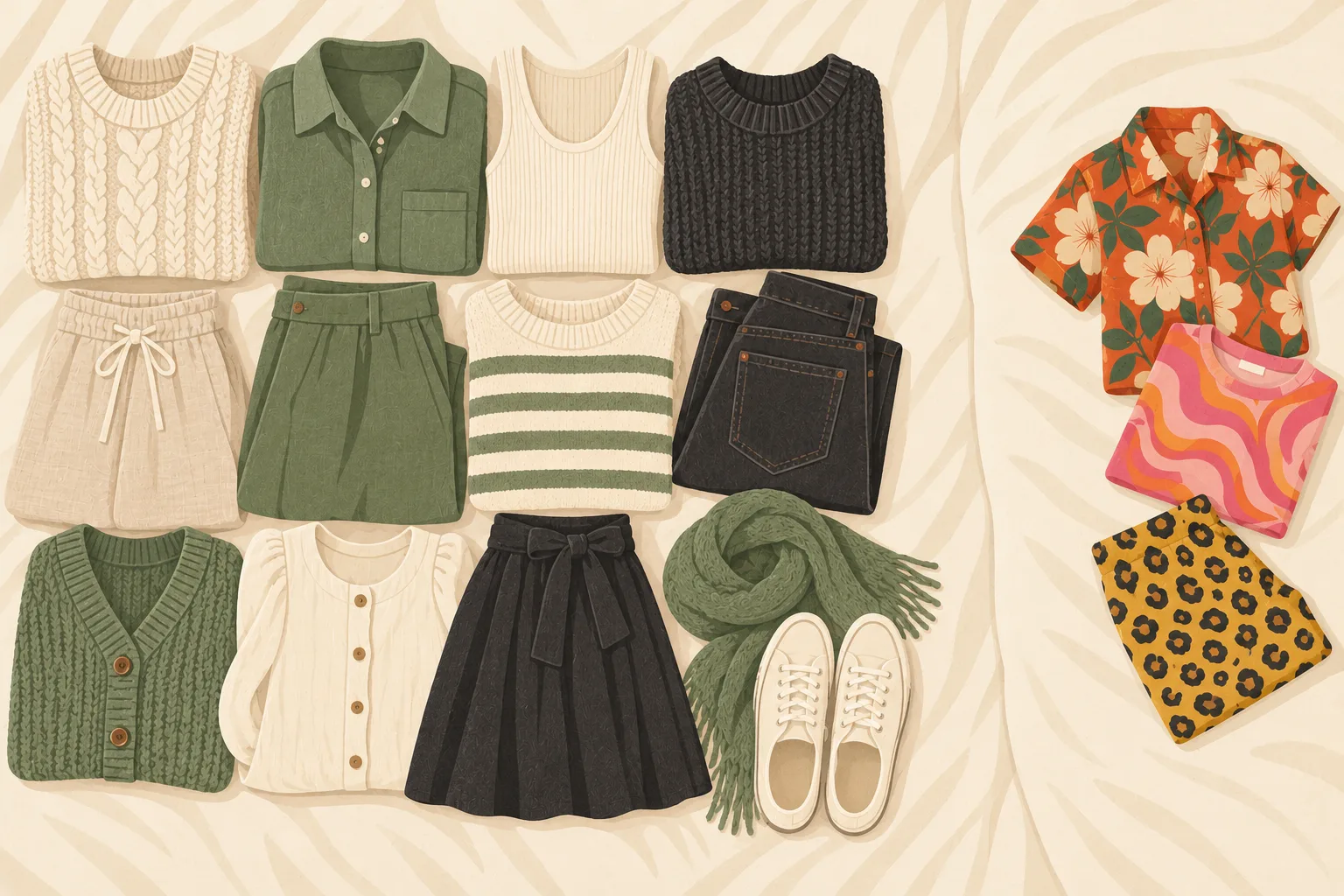 A neat flat lay of clothes that clearly belong together, sharing a calm palette of cream, sage and charcoal with matching textures, while a few clashing pieces sit apart to one side
