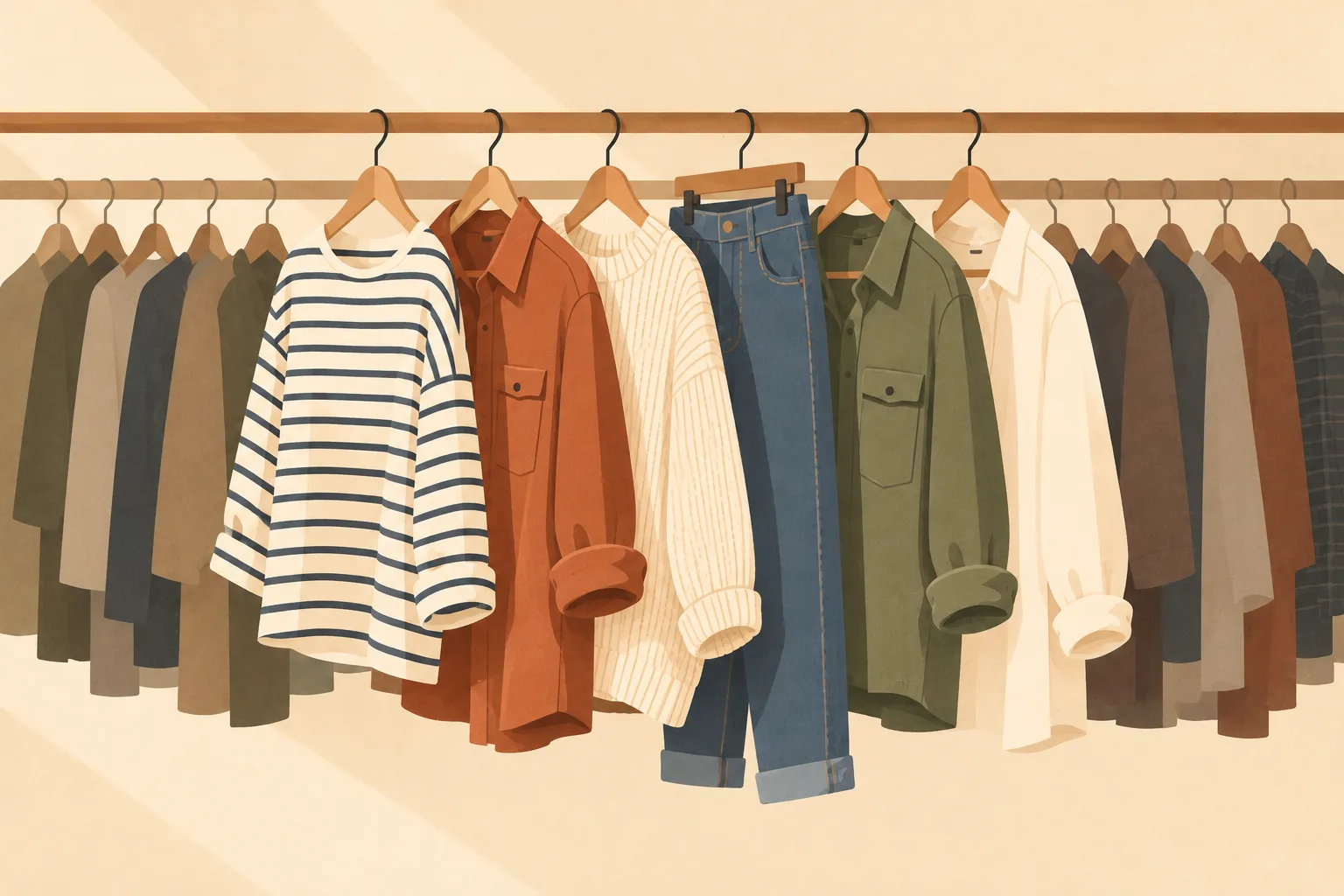 A clothes rail where a small group of well worn favourite pieces hangs pulled forward in front of the rest of the wardrobe, which sits further back in muted tones