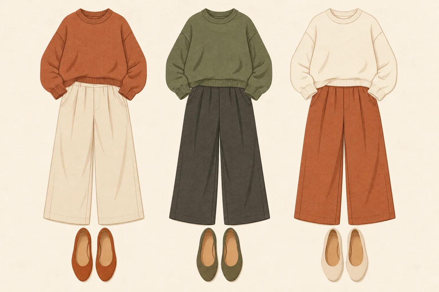 Three outfits laid side by side that all follow the same formula of relaxed trousers, a knit top and simple flat shoes, each in a different colour combination