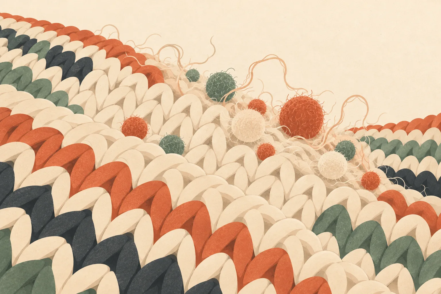 Close view of soft knitted fabric where a few loose fibres lift from the surface and twist together into small round balls along a worn patch