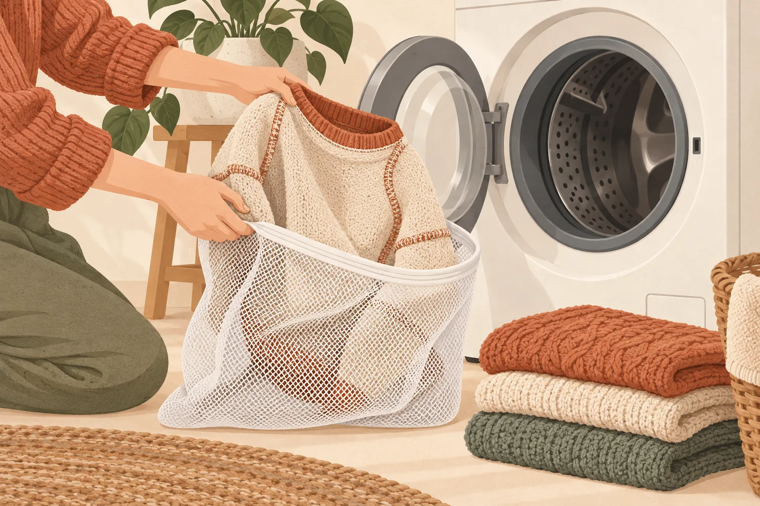 A knitted jumper turned inside out being placed into a mesh laundry bag beside a front loading washing machine, with a small pile of other folded knits waiting nearby
