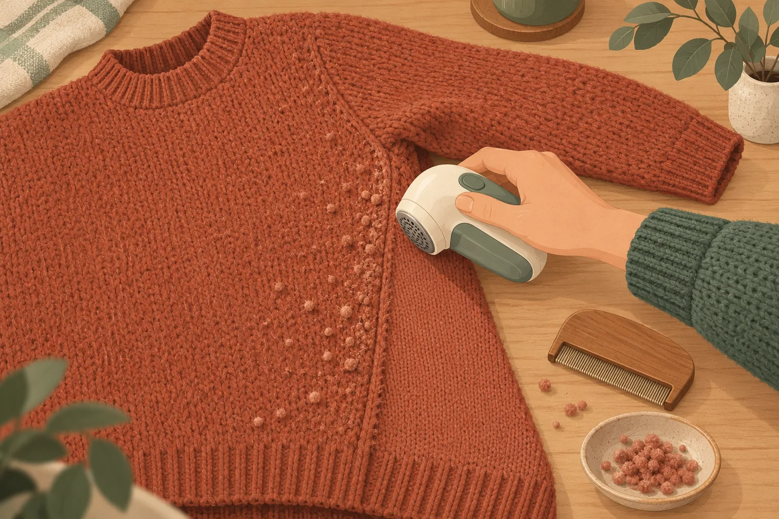 A knitted jumper laid flat on a wooden table while a hand moves a small fabric shaver over a patch of pills near the sleeve, with a wooden sweater comb and a dish of removed fuzz beside it