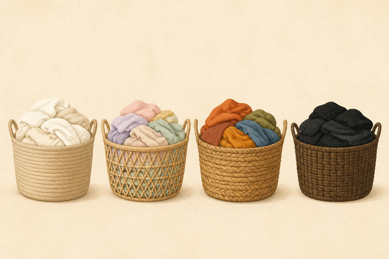 Four woven laundry baskets side by side holding whites, pastels, saturated colours, and dark clothes