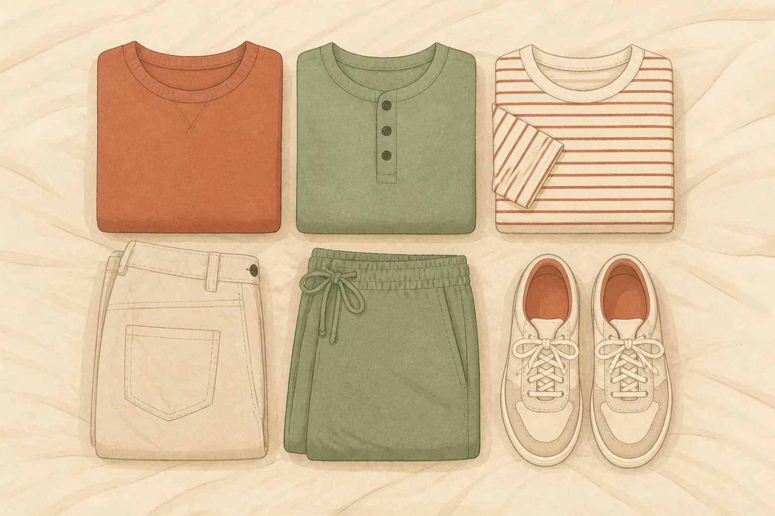A tidy flat-lay of travel clothes in a matching palette of terracotta, sage, cream and charcoal, arranged in a neat grid