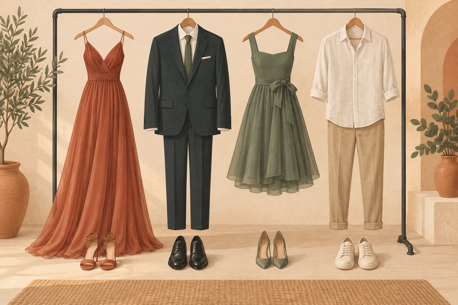 Four outfits hanging on a clothes rail from most formal to least formal: a floor length gown, a dark suit, a knee length cocktail dress, and a linen shirt with chinos, each with matching shoes below