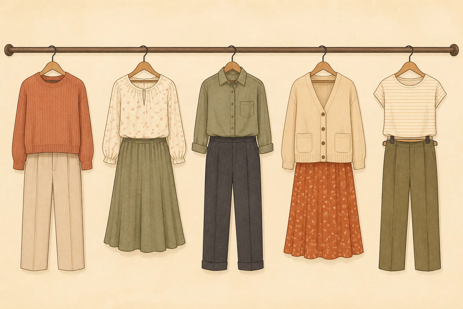 A closet rail holding five planned outfits, each one a top and bottom paired together on grouped hangers