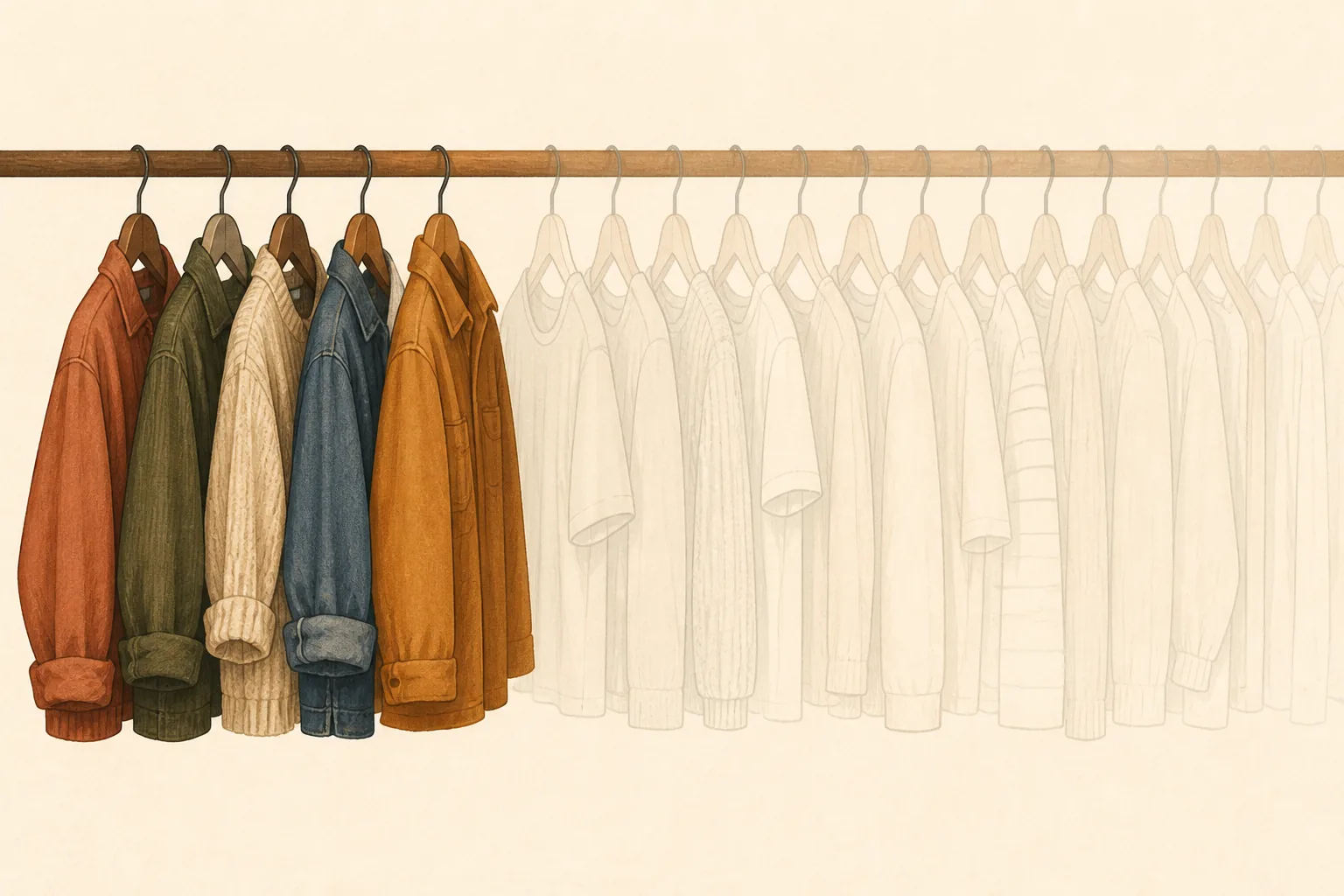 A clothing rail where a handful of colourful favourites hang at the front while a long row of pale, unworn garments fades into the background